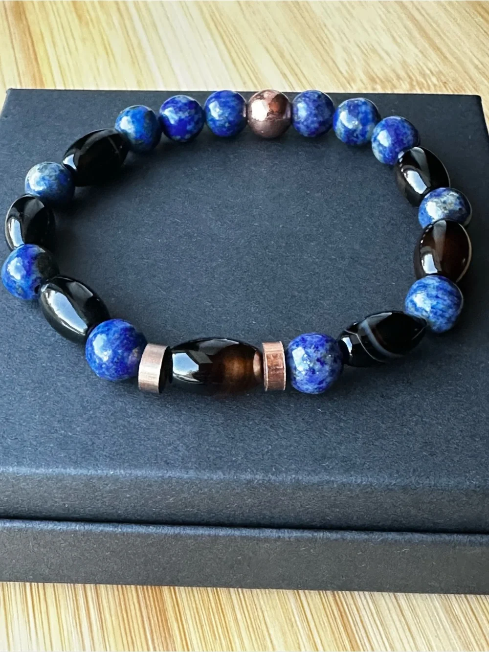 Hand Crafted Blue Lapis, Black Agate & Copper Men's Beaded Bracelet